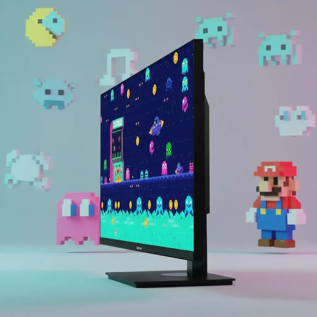 Flat screen monitor displaying retro pixel art game, surrounded by 8-bit video game characters