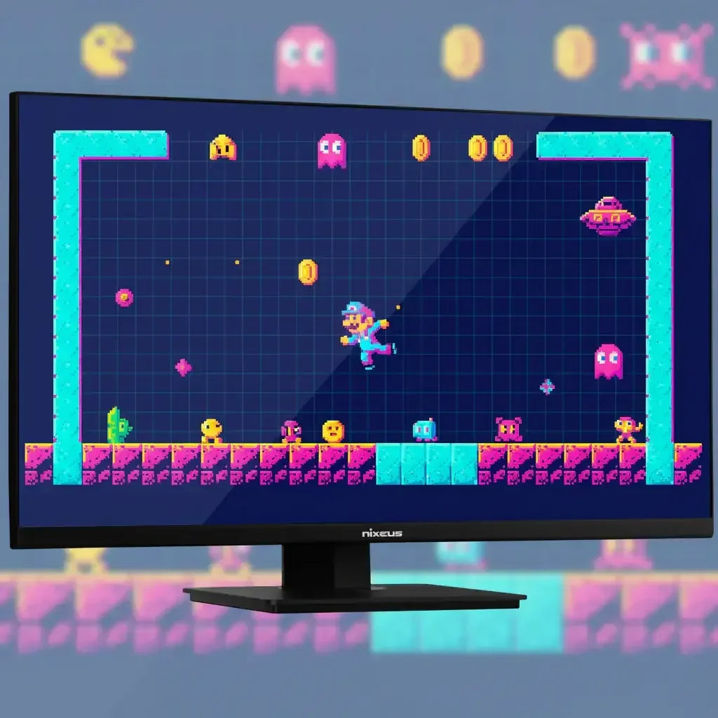 Retro pixel art video game on Nixeus monitor, featuring coins, ghosts, and platformer hero