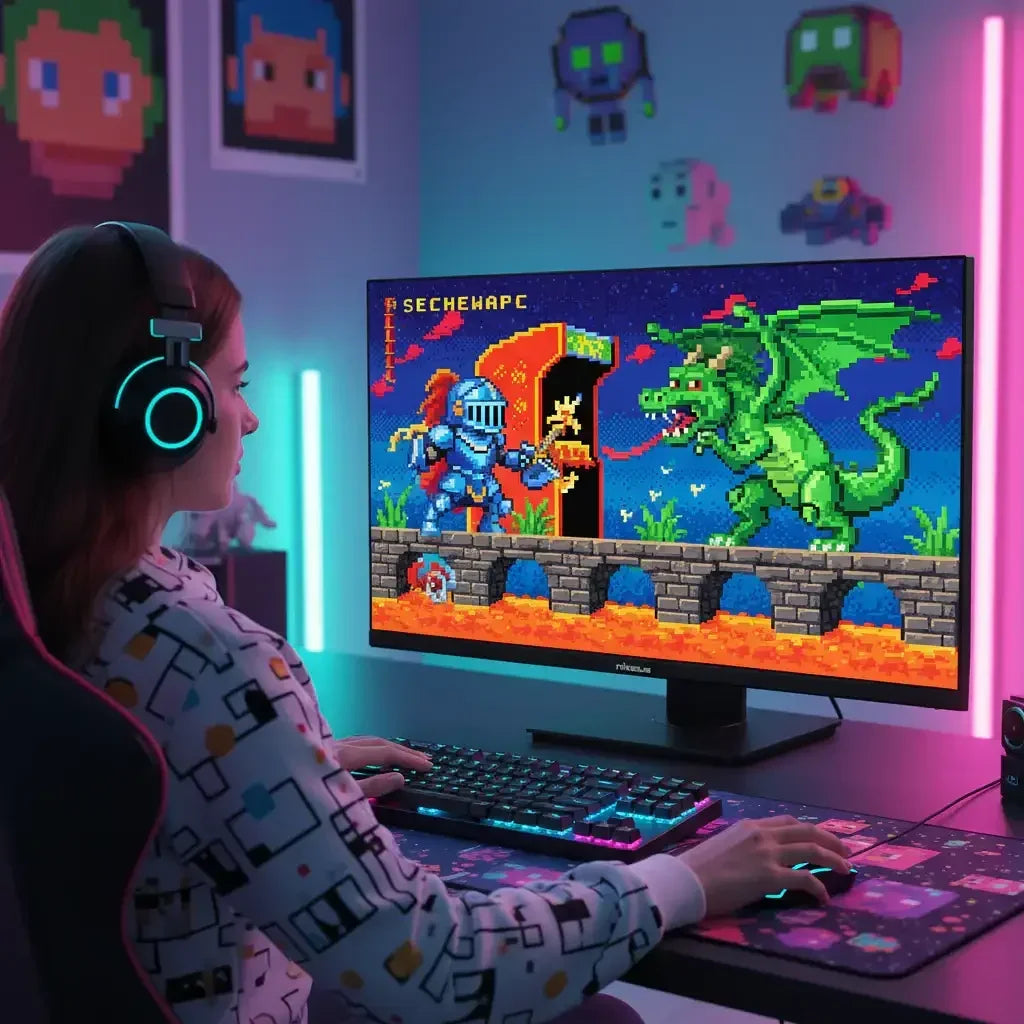 Woman gaming at RGB-lit desk, playing pixel art knight vs dragon retro video game