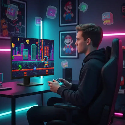 Gamer playing retro pixel art video game on monitor in neon-lit gaming room