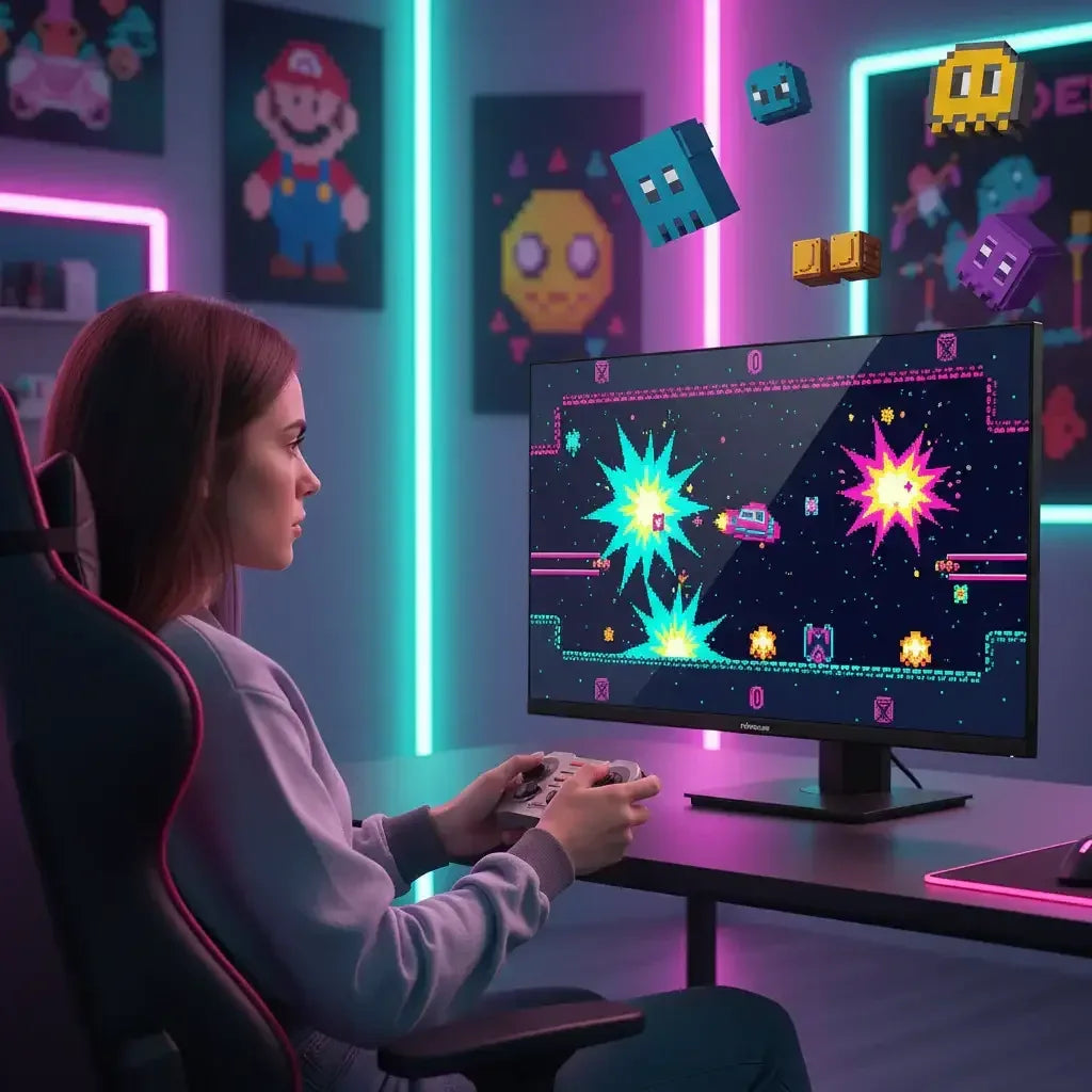 Woman gaming at neon-lit desk, playing retro arcade game on monitor with pixel art decor