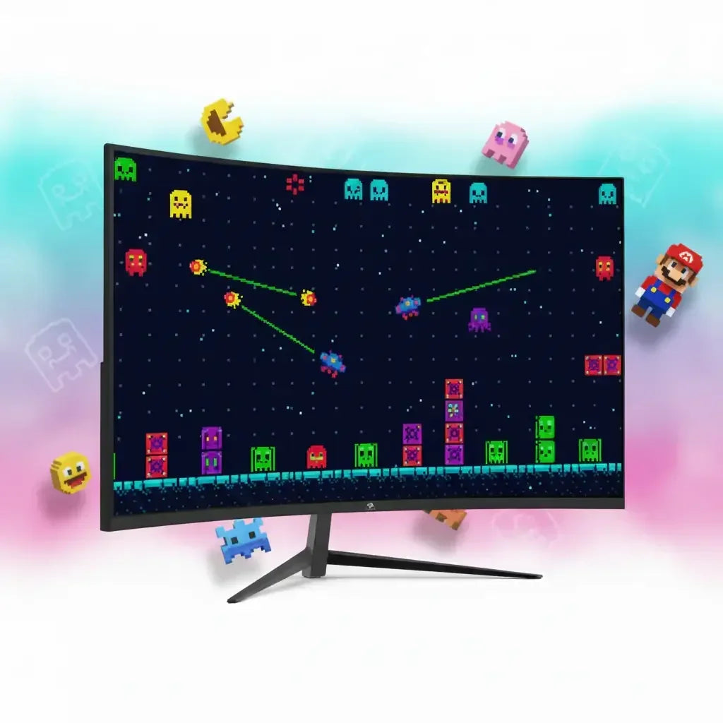 Curved gaming monitor displaying colorful retro pixel art game with characters and laser shots, surrounded by 3D pixelated gaming icons