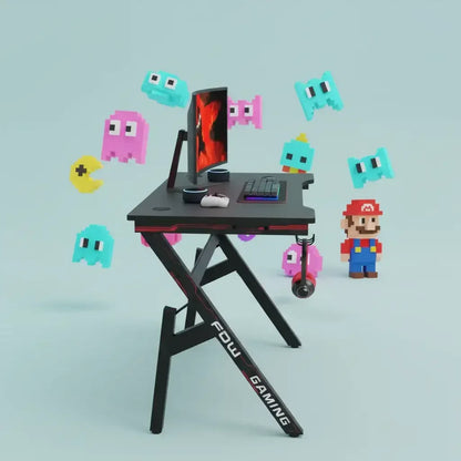 Modern gaming setup with curved monitor, keyboard, controller, and pixel art characters like Pac-Man and Mario