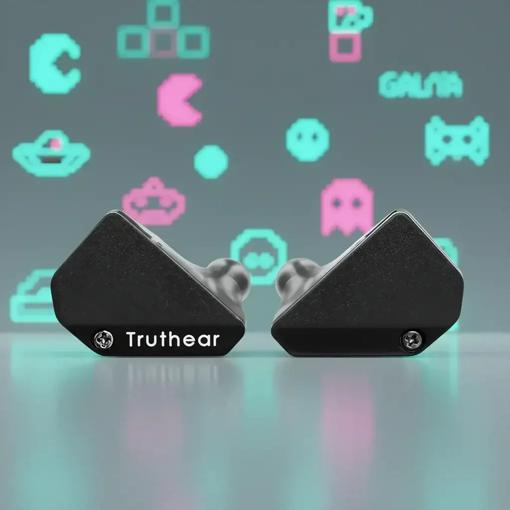 Truthear black wireless earbuds with retro video game icons background