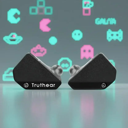 Truthear black wireless earbuds with retro video game icons background