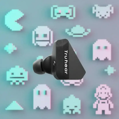 Truthear earbud with retro video game pixel icons on blue background