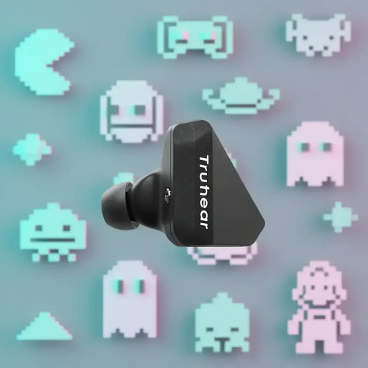 Truthear earbud with retro video game pixel icons on blue background