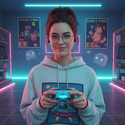Woman gamer in retro gaming room with neon lights, pixel art posters, and game controller