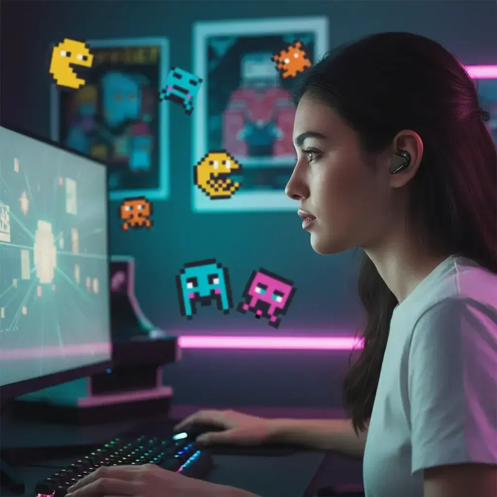 Woman gaming at computer with neon lights, pixel art Pac-Man and ghosts overlay