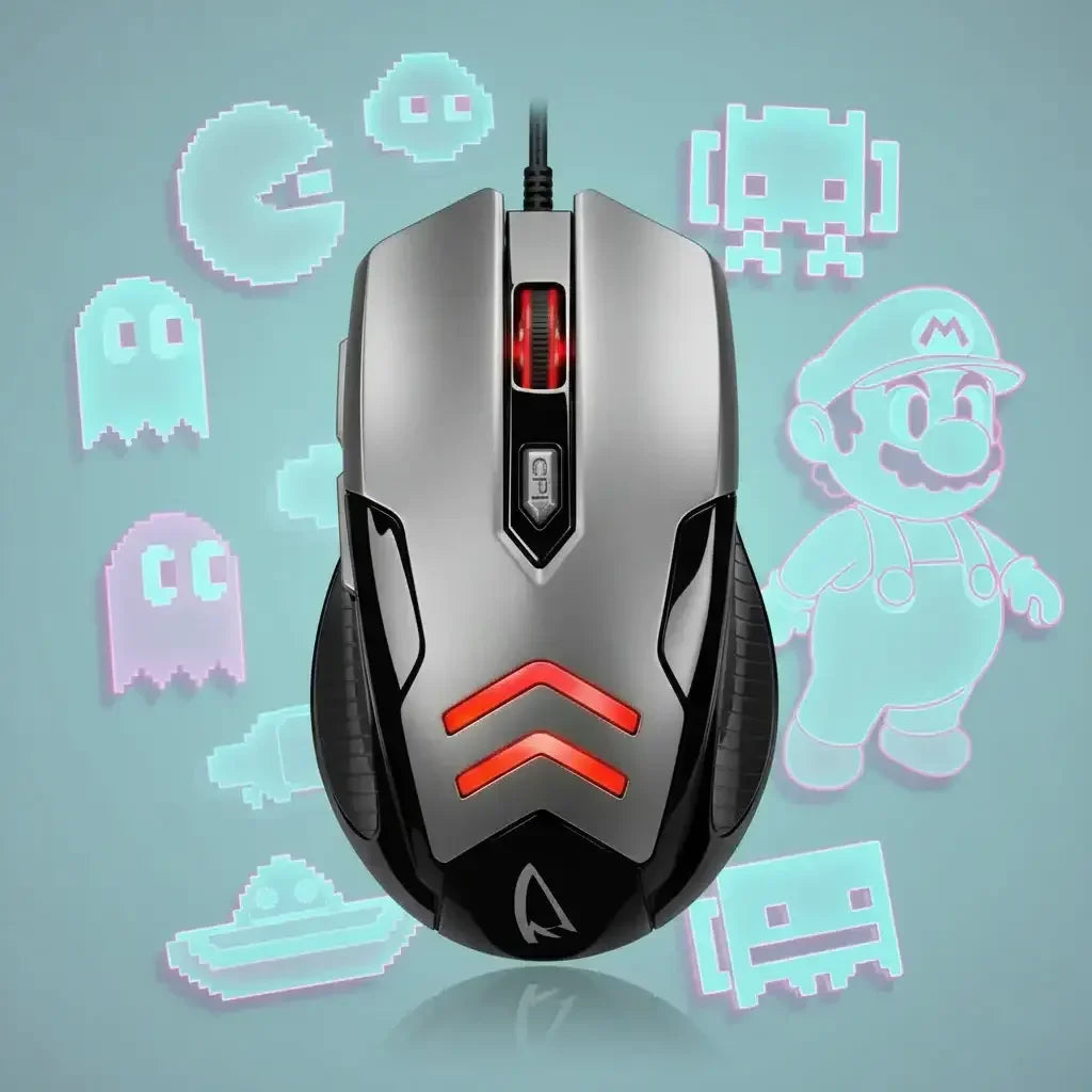 Silver and black gaming mouse with red LED lights on blue background with retro video game characters