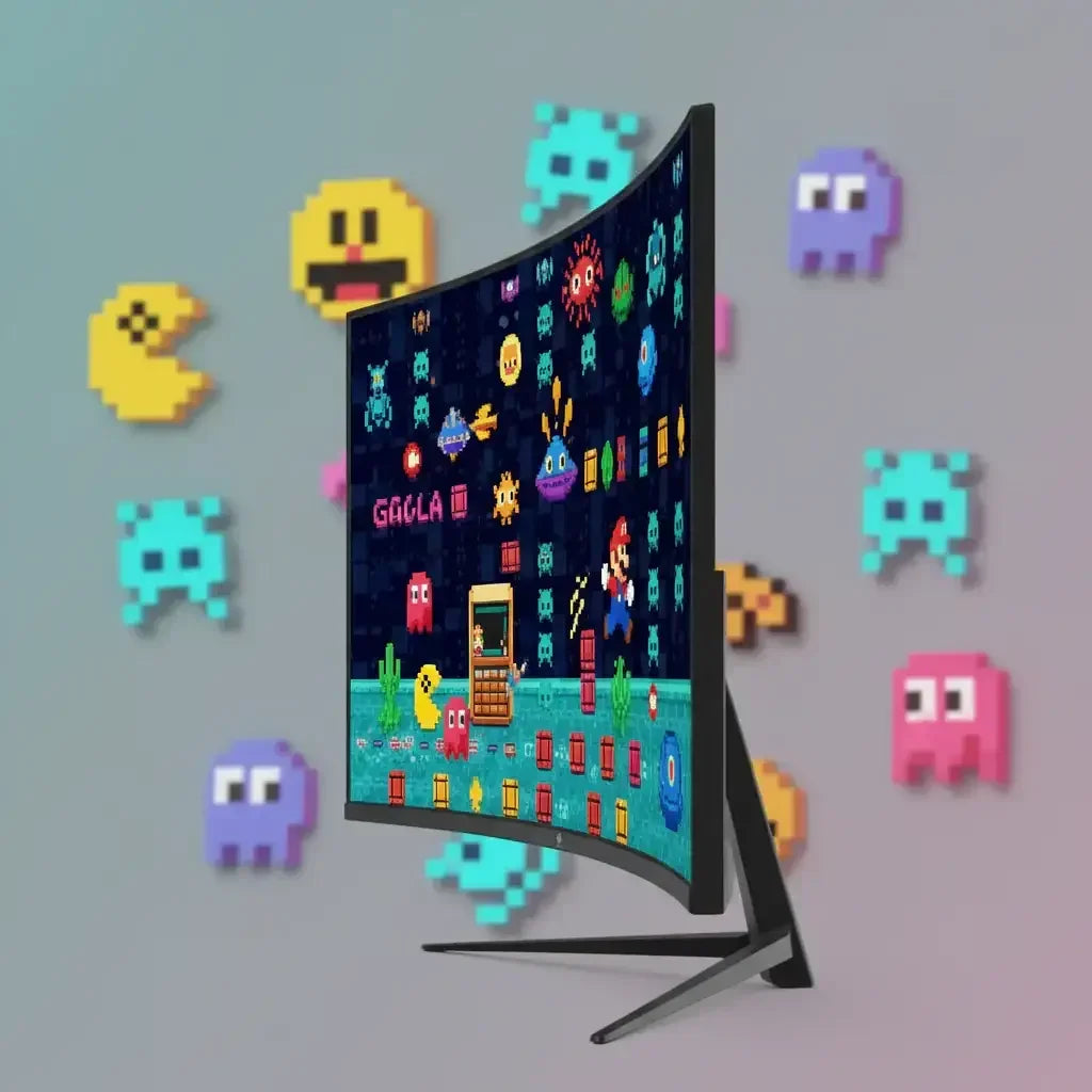 Curved gaming monitor displaying pixel art video game scene with retro characters, against pixelated arcade ghost background