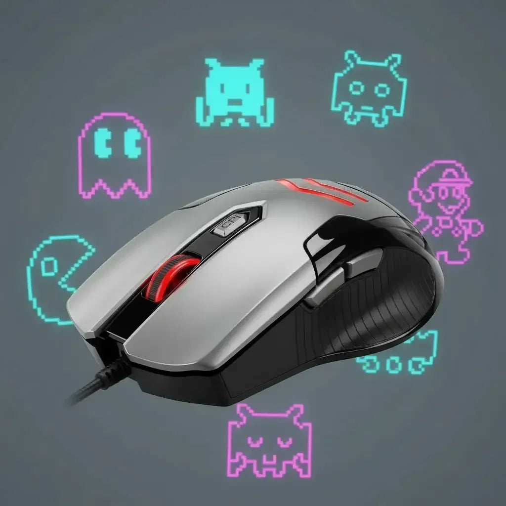 Silver and black wired gaming mouse with red scroll wheel and buttons, retro arcade game characters background