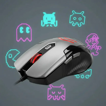 Silver and black wired gaming mouse with red scroll wheel and buttons, retro arcade game characters background