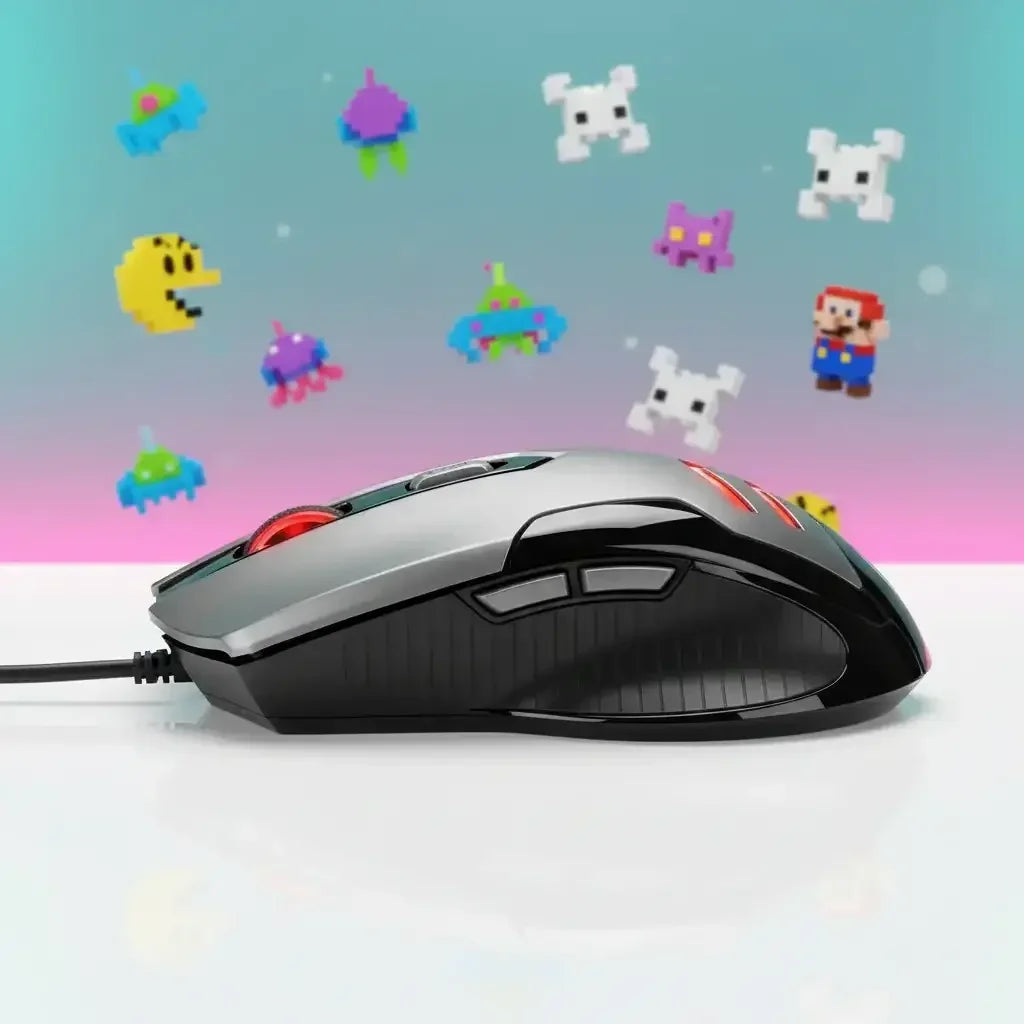 Side view of a wired gaming mouse with red accents on white surface, colorful pixelated video game characters background