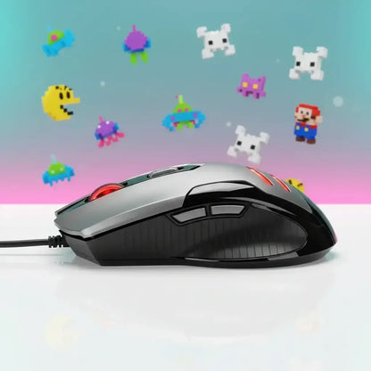 Side view of a wired gaming mouse with red accents on white surface, colorful pixelated video game characters background
