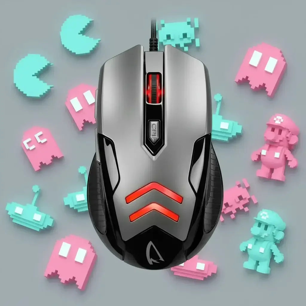 Silver and black gaming mouse with red lights surrounded by pixel art characters on gray background