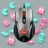 Silver and black gaming mouse with red lights surrounded by pixel art characters on gray background