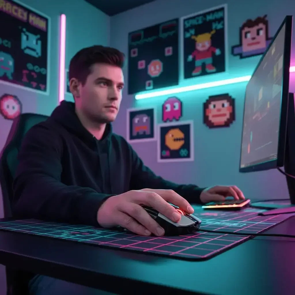 Young man gaming on a PC with RGB mouse and keyboard in a neon-lit room decorated with pixel art game posters
