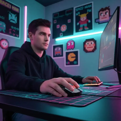 Young man gaming on a PC with RGB mouse and keyboard in a neon-lit room decorated with pixel art game posters