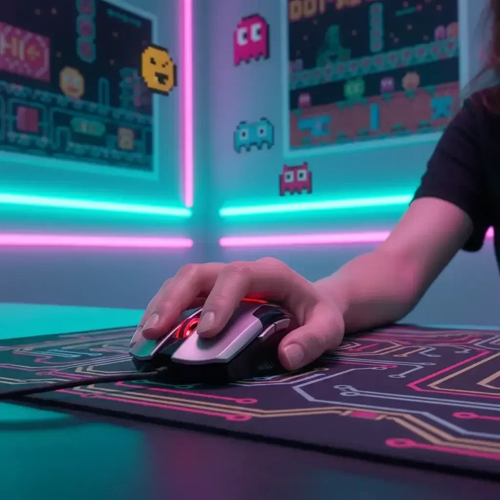 Hand using a gaming mouse on a circuit-patterned mousepad with neon retro arcade game wall decor