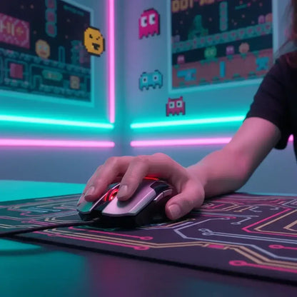 Hand using a gaming mouse on a circuit-patterned mousepad with neon retro arcade game wall decor