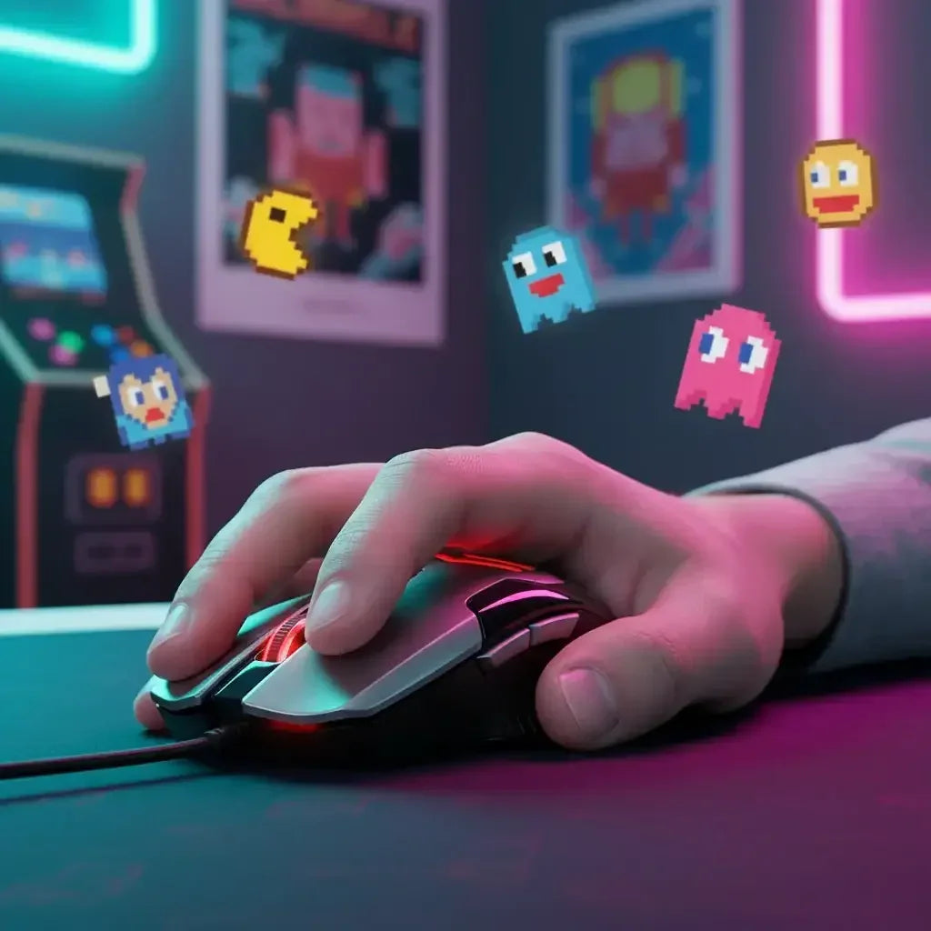 Hand using a gaming mouse with pixelated Pac-Man characters and arcade machine in neon-lit room