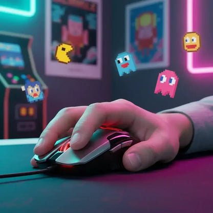 Hand using a gaming mouse with pixelated Pac-Man characters and arcade machine in neon-lit room