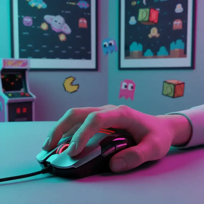 Hand using illuminated gaming mouse on desk with retro arcade and pixel art wall decor background
