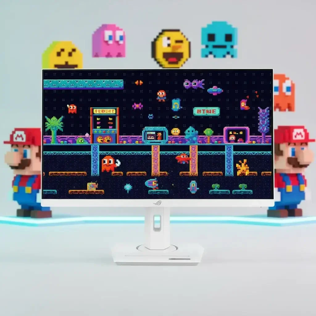 Retro gaming desktop setup with pixel Mario and Pac-Man characters, white monitor display