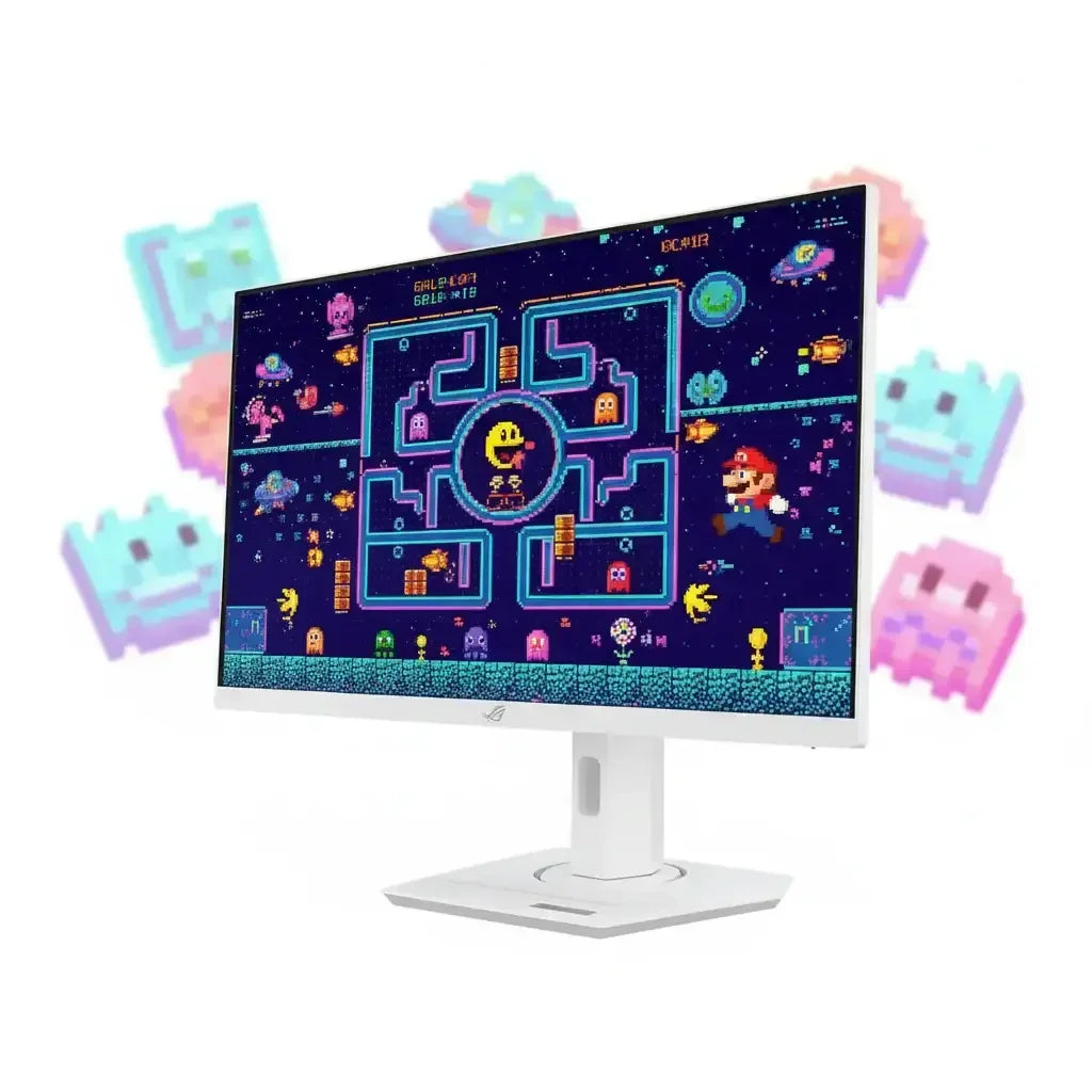 White gaming monitor displaying retro pixel art video game with Pac-Man and Mario graphics