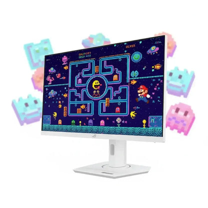 White gaming monitor displaying retro pixel art video game with Pac-Man and Mario graphics