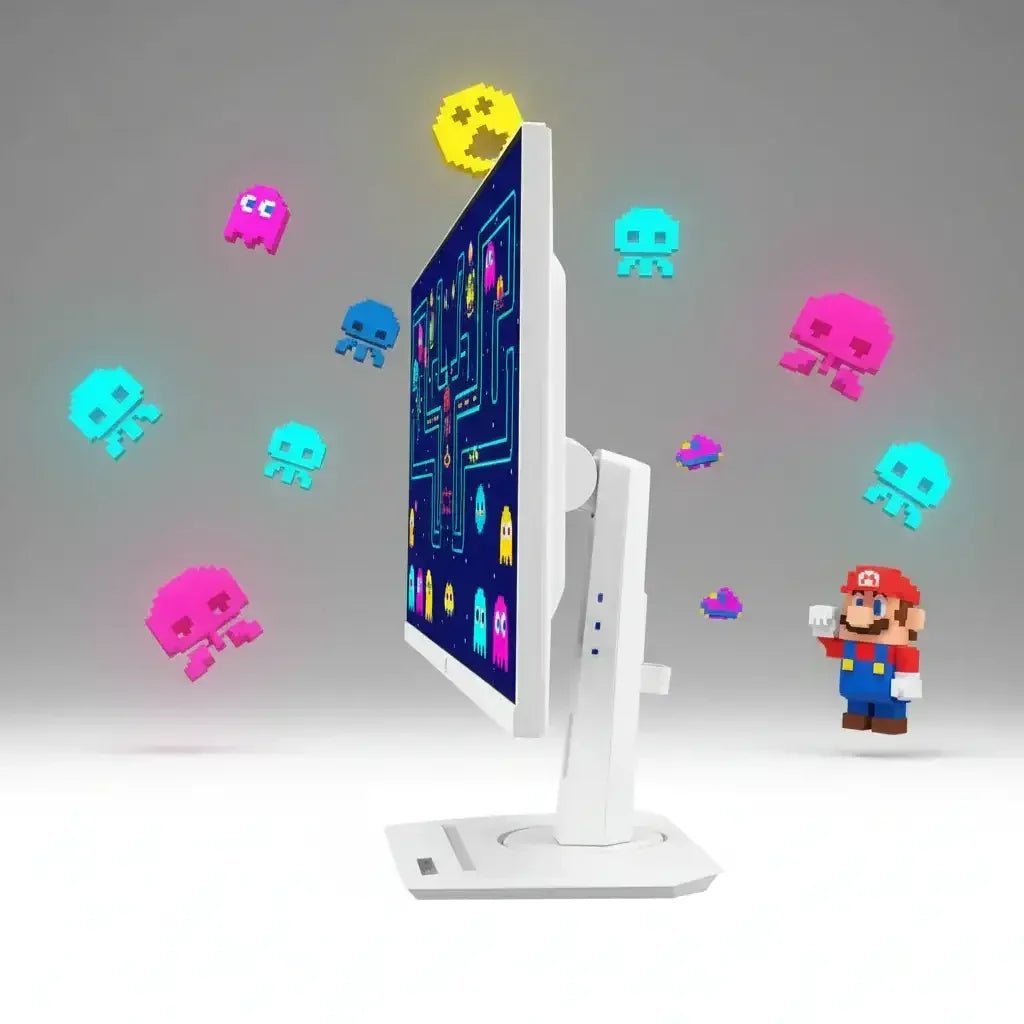 Retro video game monitor with Pac-Man ghosts and a pixel art Mario character in a digital scene