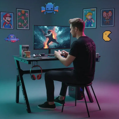 Young man playing video games on PC with retro pixel art and gaming accessories in modern room