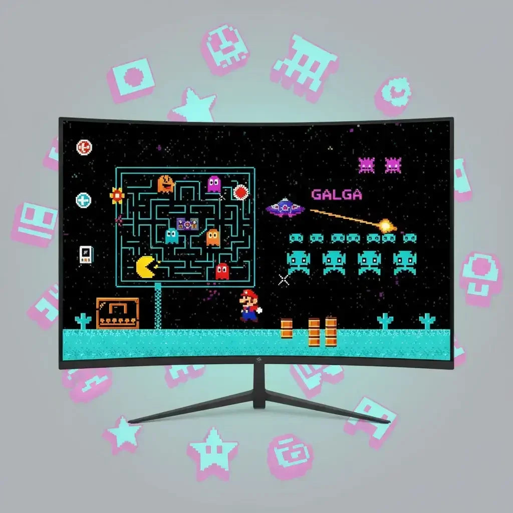 Curved gaming monitor displaying retro pixel art mashup of Pac-Man maze, Mario, and Space Invaders against a starry background