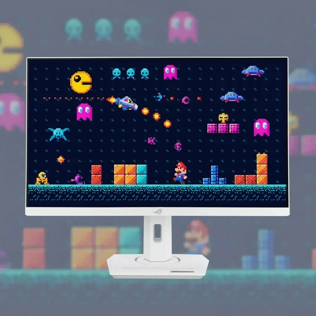 White monitor displaying retro pixel art video game with Pac-Man, Mario, and ghosts