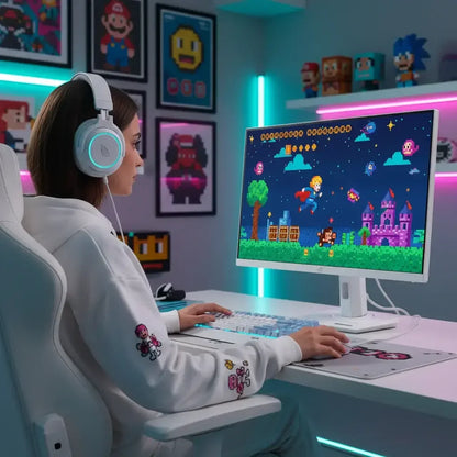 Woman gamer at RGB-lit desk playing retro pixel art video game on PC with gaming headset