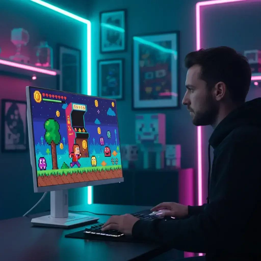 Man playing retro pixel art video game on desktop in neon-lit gaming room
