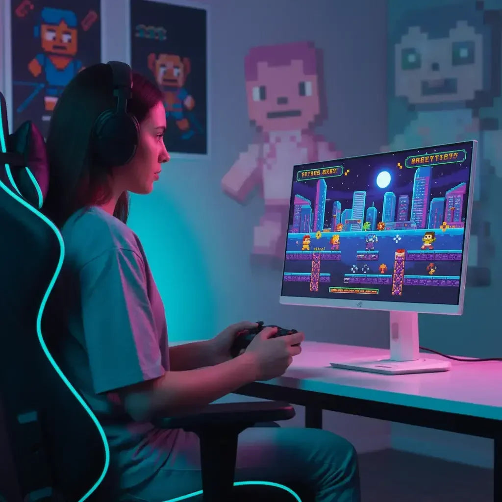 Woman gamer playing retro pixel video game on monitor in modern gaming room