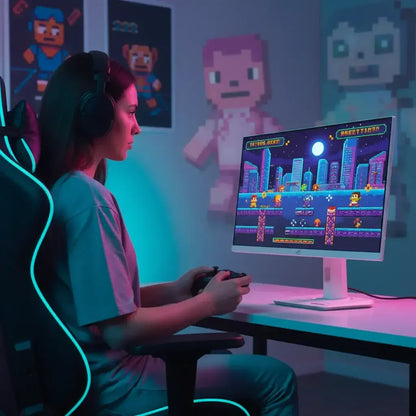 Woman gamer playing retro pixel video game on monitor in modern gaming room