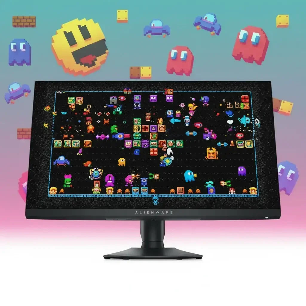 Alienware gaming monitor displaying colorful pixel art game with Pac-Man and ghost characters floating around
