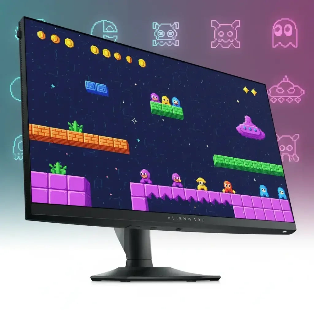 Alienware gaming monitor displaying colorful retro pixel art platformer with characters, coins, and floating platforms