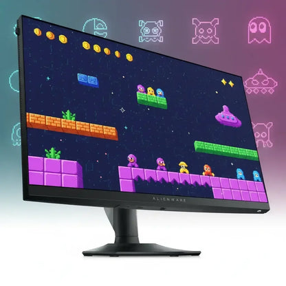 Alienware gaming monitor displaying colorful retro pixel art platformer with characters, coins, and floating platforms