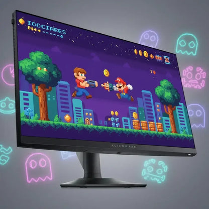 Alienware monitor displaying pixel art style video game with characters shooting and collecting coins against a cityscape background
