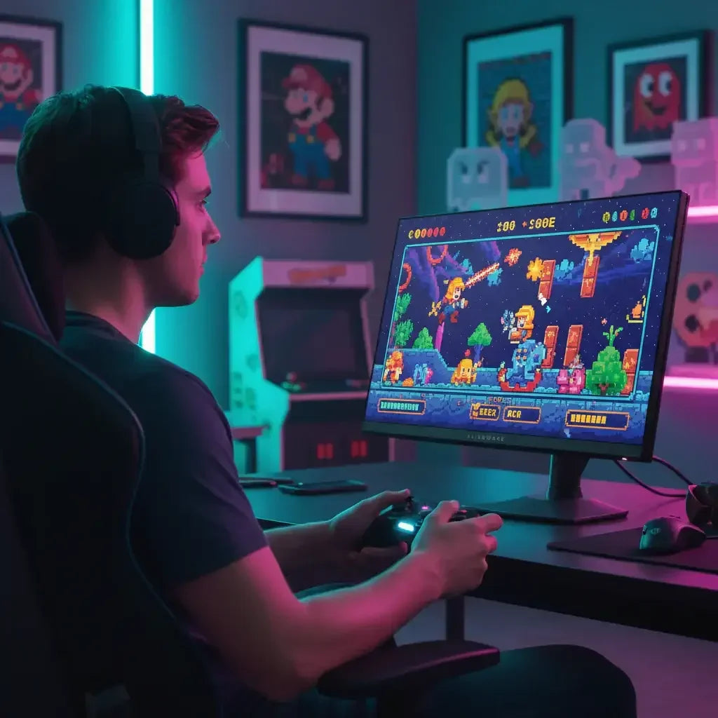 Young gamer playing pixel art adventure video game on desktop with retro game posters and arcade machine
