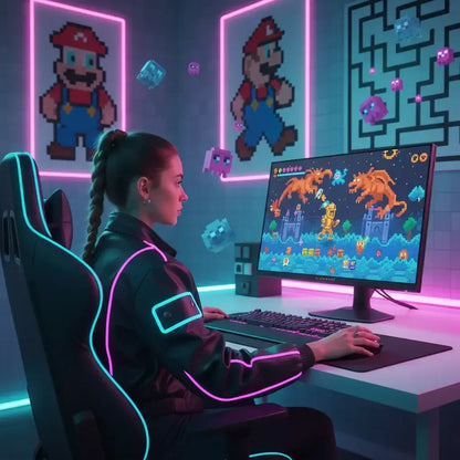 Female gamer in neon-lit room playing pixel art fantasy video game on desktop, retro game decor