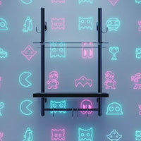 Wall-mounted black shelf with hooks, against neon retro video game wallpaper.