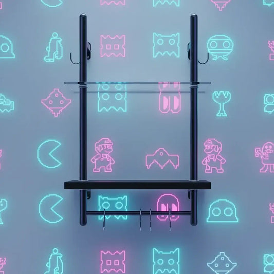 Wall-mounted black shelf with hooks, against neon retro video game wallpaper.