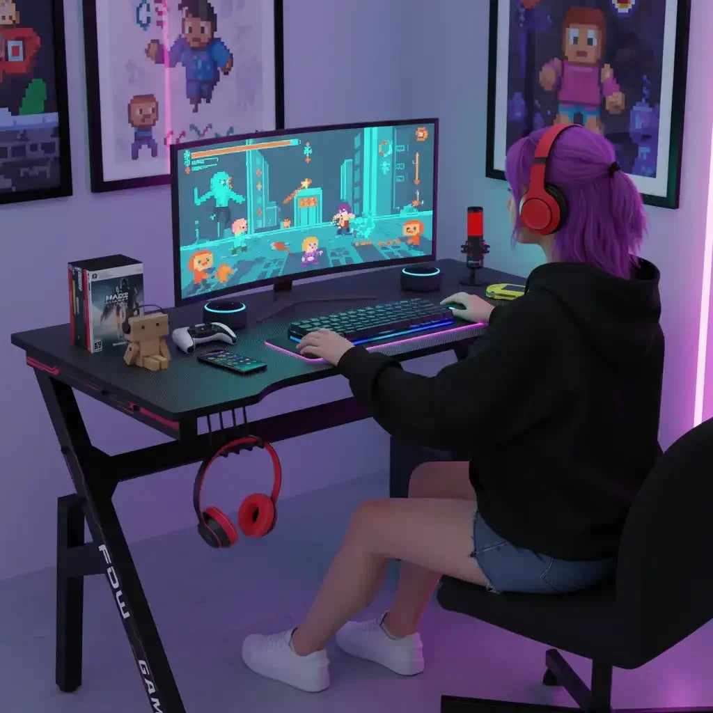 Person with purple hair wearing red headphones playing pixel art video game on a curved gaming monitor at a black computer desk