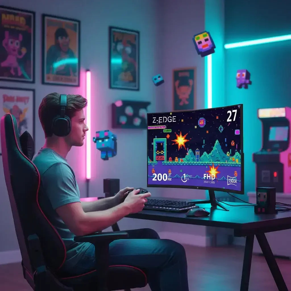 Young man in gaming chair playing retro pixel art video game on curved monitor with neon room lighting