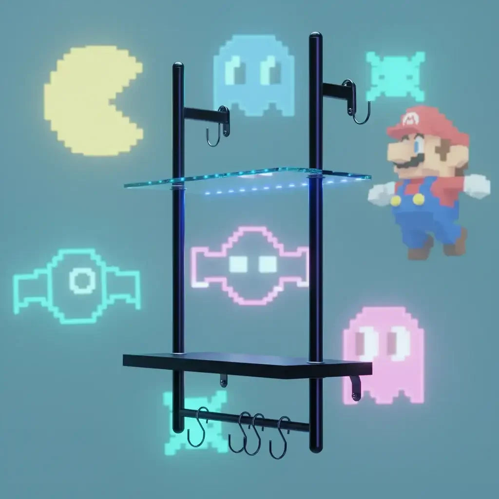 Wall-mounted black and glass shelf with LED light, pixel art gaming icons background